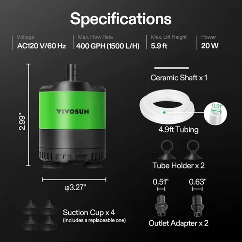 Miniatura 7 de VIVOSUN Bomba de agua sumergible de 400 GPH de 20 W, con flujo de agua ajustable, tubo de 4.9 pies, eje de cerámica adicional y adaptadores