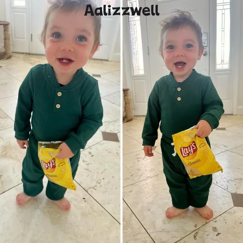 Miniatura 3 de Aalizzwell Traje acanalado de manga larga neutral para bebé con sombrero y diadema