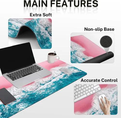 Miniatura 3 de Britimes Blue Sea - Juego de Alfombrilla de Teclado y Mouse Playa de Arena Rosa 4 en 1 Alfombrilla Grande + Reposamuñecas para Teclado +