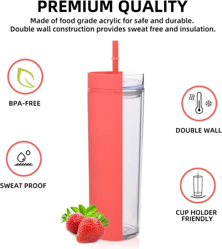 Miniatura 2 de Volhoply Vasos Delgados de Plástico de 20 onzas, Paquete a Granel de 4, Vaso de Doble Pared con Tapa y Popote, Taza Reutilizable de Viaje para Café