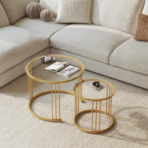 Miniatura 4 de Garden 4 you Mesa de Centro Anidable, Juego de 2 Mesas de Centro Redondas de 23.6 Pulgadas, Mesa Anidable de Vidrio con Marco de Metal, Mesas