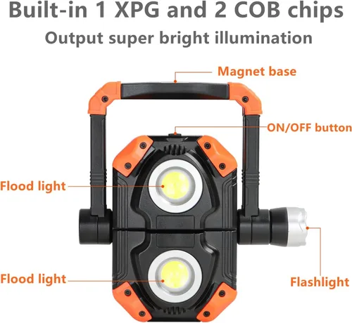 Miniatura 2 de sunzone Luz de trabajo LED recargable, foco de luz de inundación portátil 2 en 1 iluminación para sitio de trabajo con bases magnéticas, luz LED