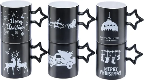 Miniatura 9 de Bruntmor Tazas de café negras con mango de estrella, juego de 6 tazas grandes de 14 onzas para vacaciones de Año Nuevo, tazas decorativas