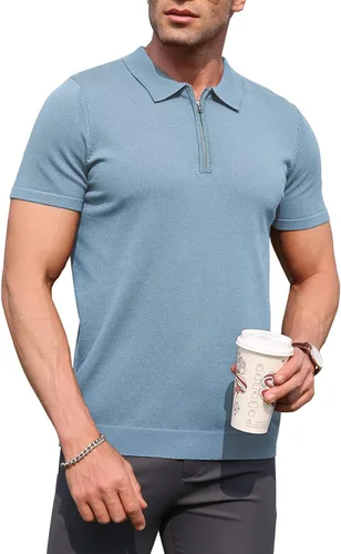 Miniatura 9 de RQP Camisas polo con cremallera para hombre, camisas casuales de punto de manga corta/larga, camisas de golf elásticas ajustadas, suéter suave
