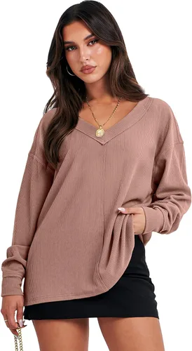 Miniatura 2 de ANRABESS Camisas de manga larga de gran tamaño para mujer, sudadera con hombros descubiertos, holgada, cuello en V, suéter alto y bajo 2025