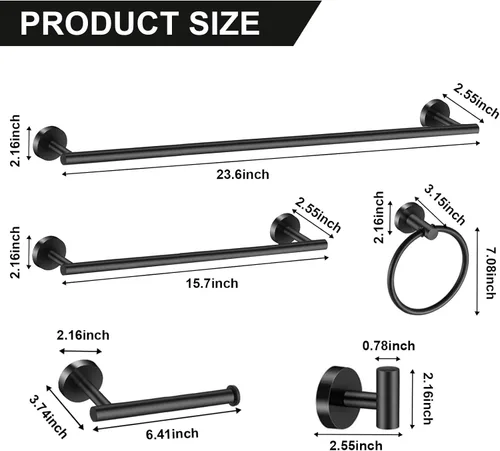 Miniatura 2 de Juego de accesorios de baño de 12 piezas, juego de toallero de 24 y 16 pulgadas, negro mate, juego de accesorios de baño de acero inoxidable SUS304