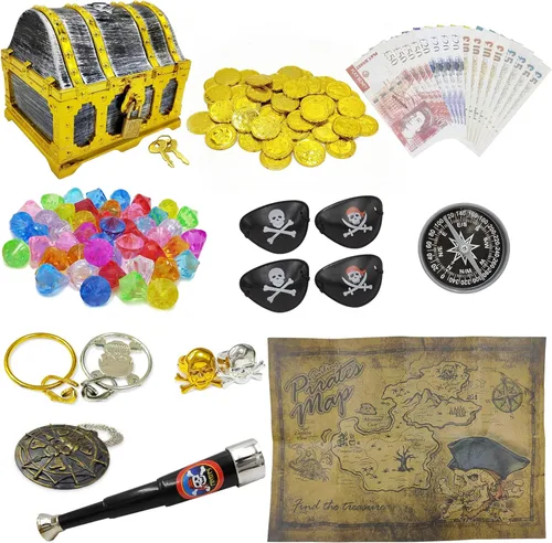 Juego de 128 piezas de cofre del tesoro pirata con marco dorado para niños, juguetes de simulación pirata vintage, incluye monedas, joyas, dinero de