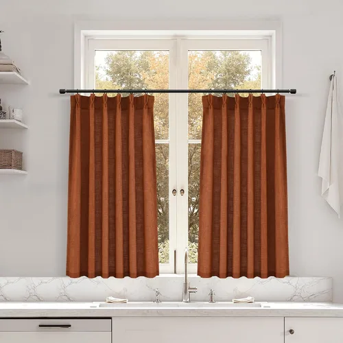 Miniatura 158 de Juego de 2 paneles de cortinas de ventana de cocina beige de 24 pulgadas de largo, con textura de lino, plisadas, filtrantes de luz, semi pequeñas
