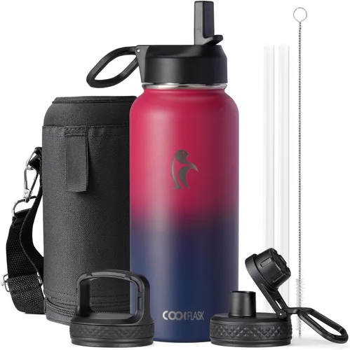 Miniatura 114 de Coolflask Botella de agua de 20 onzas aislada con pajilla, 3 tapas de metal de acero inoxidable, botella de agua de boca ancha para deportes u