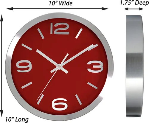 Miniatura 7 de Bernhard Products Reloj de pared de metal, moderno, plateado y vino, 10 pulgadas, silencioso, sin tictac, redondo, color rojo, elegante, cuarzo