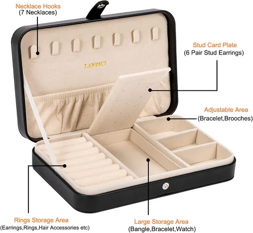 Miniatura 3 de LANDICI - Caja de joyería pequeña para mujeres y niñas, estuche organizador de joyería de viaje de cuero PU, soporte portátil para almacenamiento