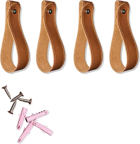 Soporte para barra de cortina, 4 correas de cuero genuino para colgar toalla de pared, correas de cuero y ganchos (con tornillos) adecuado para