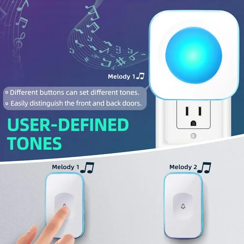 Miniatura 9 de Timbre inalámbrico de 1200 pies impermeable para el hogar con 36 melodías, 4 niveles de volumen, luz LED flash (1 receptor y 1 botón táctil blanco)