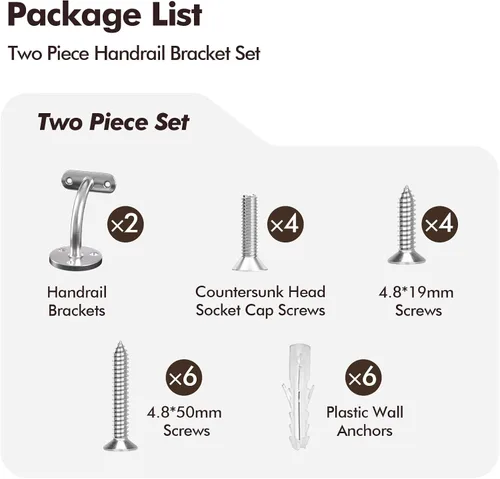 Miniatura 3 de Soporte de barandilla de mano, paquete de 2 accesorios resistentes de acero inoxidable 304 para escaleras de tubería de 1-7/8 pulgadas (1.902 in)