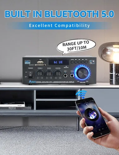 Miniatura 5 de Amplificador de audio estéreo para el hogar AK45, 400 W Bluetooth 5.0 HiFi Amplificador de potencia estéreo 2.0 canales RMS 40W x 2 sistema de audio
