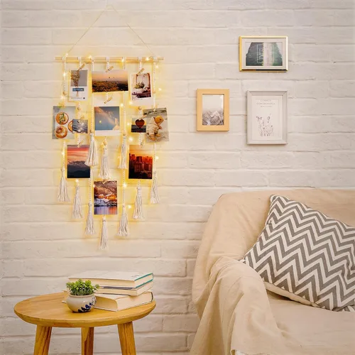 Miniatura 6 de Dahey Exhibición de fotos colgante para dormitorio, decoración de pared de macramé, marcos de fotos boho collage con 30 clips para colgar fotos