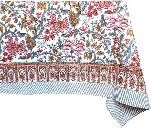 Miniatura 12 de ATOSII Mantel Redondo Bohemio Jade de Algodón 100%, Mantel de Lino con Estampado Floral de Bloques para Comedor, Fiestas, Bodas, Exteriores I
