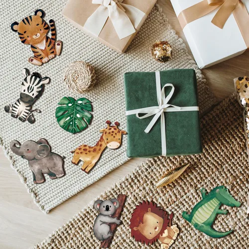 Miniatura 7 de Geetery 12 piezas de animales del bosque de madera con formas recortadas de animales pintados de bosque de safari para baby shower, criaturas