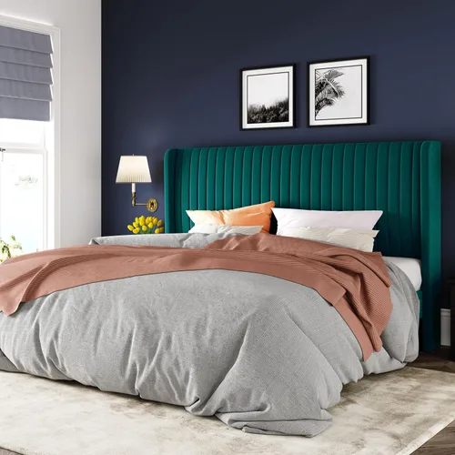 Miniatura 23 de Allewie - Base de cama tamaño King con cabecera acolchada en terciopelo y diseño acanalado vertical; plataforma de cama tapizada; listones de madera