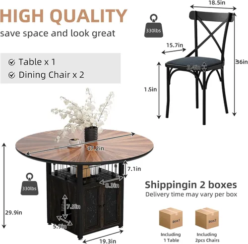 Miniatura 4 de Juego de mesa de comedor redonda de 47 pulgadas para 4-6 personas, juego de mesa de comedor grande de cocina estilo granja con sillas y estante