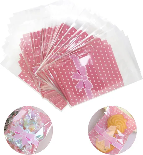 Miniatura 6 de Bitray 200 bolsas de dulces autosellantes de 5.5 x 5.5 pulgadas, patrón Sakura, autoadhesivas, bolsas de galletas rosas para regalo, bolsas