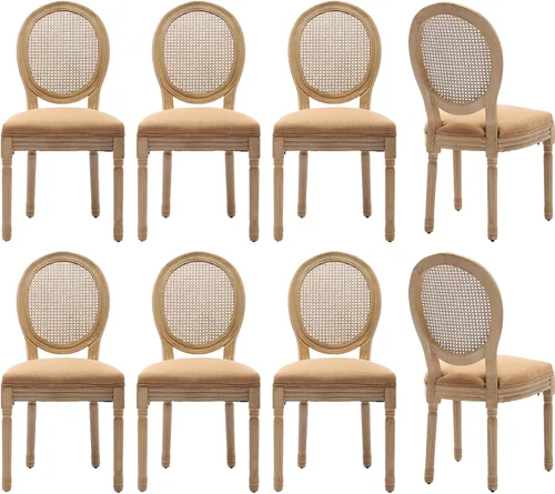 Miniatura 50 de Juego de 4 sillas de comedor francesas vintage, con respaldo redondo, tapizadas, de piel sintética, con ribete de cabeza de clavo y marco de madera