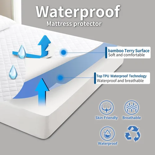 Miniatura 2 de Protector de colchón 100% impermeable de viscosa de bambú, sábana bajera acolchada con bolsillo profundo de 8 a 16 pulgadas, fibra de enfriamiento