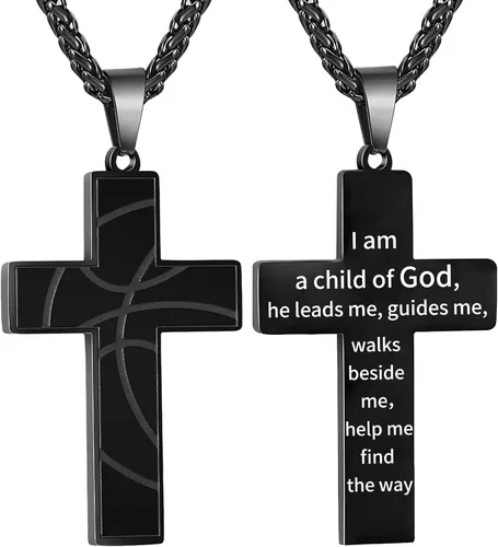 Collar de cruz de baloncesto para niños con versículo bíblico inspirador, cadena colgante de acero inoxidable, joyería deportiva, regalo para hombres