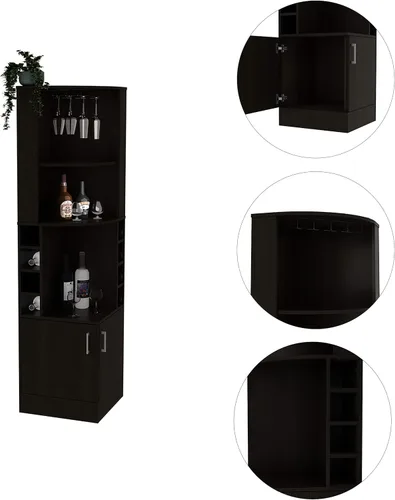 Miniatura 6 de FM FURNITURE The Seattle - Armario esquinero para bar con 3 estantes abiertos, estante de cristal, 8 cubos de botellas y puertas dobles, color negro