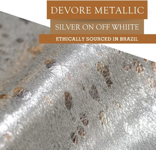 Miniatura 6 de Sunshine Cowhides Alfombra de piel de vaca 100% auténtica, color plateado metálico sobre blanco hueso, alfombra de estilo moderno de piel animal