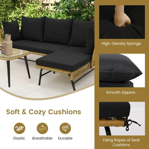 Miniatura 6 de Tangkula Juego de muebles de mimbre para exteriores, sofá de patio en forma de L de 3 piezas con cojines y mesa de vidrio templado, marco de metal