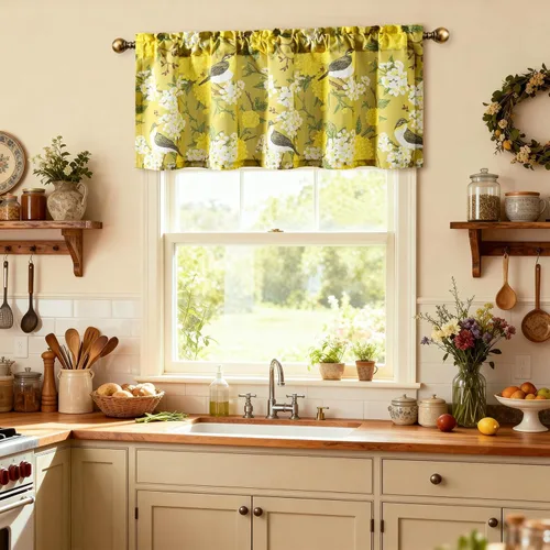Miniatura 24 de VOGOL Cenefa de pájaro y bayas, decoración clásica de ventana de campo americano con estampado botánico, cortina de bolsillo para barra fácil