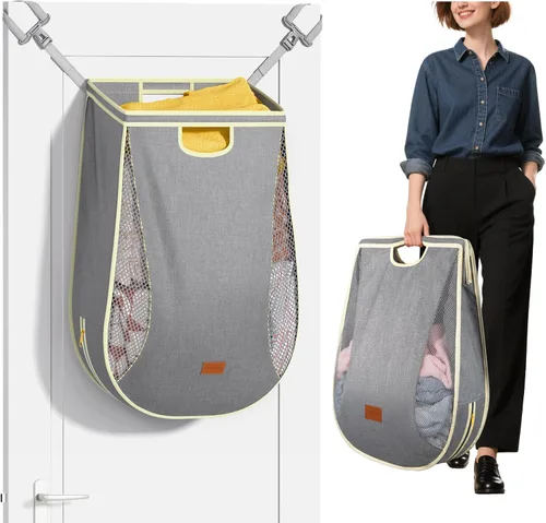 Ligereza Cesta de lavandería colgante de gran capacidad, cesta portátil para colgar sobre la puerta, cesta de ropa transpirable, para dormitorio,