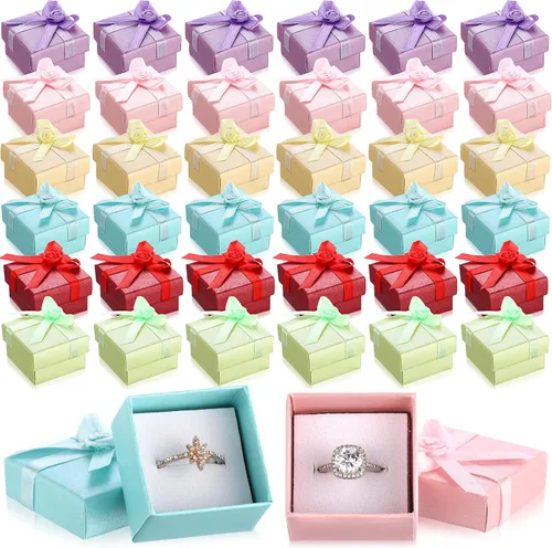 Miniatura 12 de Bucherry 72 cajas de anillos de 1.6 x 1.6 pulgadas, caja de joyería de cartón duro con lazo de cinta, pequeñas cajas de regalo para pequeñas Negro