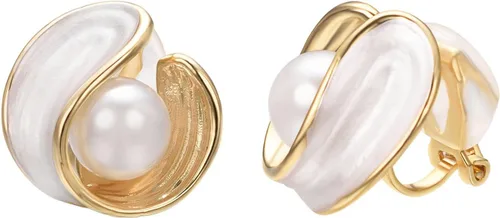 Miniatura 7 de Yoursfs Aretes de clip de perlas blancas grandes para mujer, chapados en oro de 18 quilates, hipoalergénicos, sin perforaciones, joyería brillante