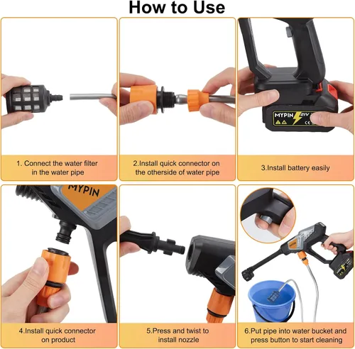 Miniatura 6 de Lavadora a presión inalámbrica portátil, 600PSI Lavadora de coche de mano dos baterías 21V Rechargeable 2.0Ah Powered Pressure Washer, 6-in-1
