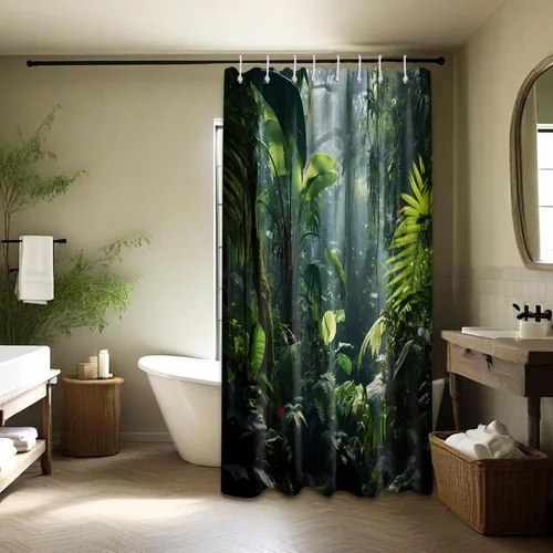 Miniatura 3 de Cortina de ducha verde de selva naturaleza bosque selva tropical paisaje planta tropical decoración de baño, tela impermeable con ganchos, 36x72