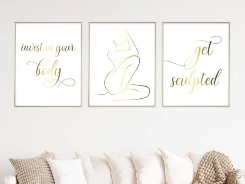 Miniatura 2 de NATVVA 3 piezas de impresiones artísticas de pared con texto en inglés "Invest In Your Body Get Sculpted", pósteres dorados para esculpir el cuerpo
