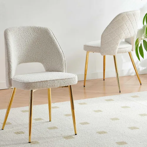 Miniatura 6 de NORDICANA Juego de 2 sillas de comedor modernas, sillas acentuadas tapizadas en beige bouclé con patas doradas de metal, sillas laterales