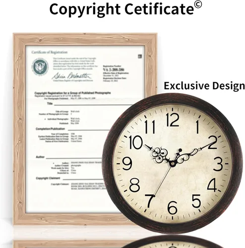 Miniatura 6 de KECYET Reloj de pared de 12 pulgadas, relojes de pared vintage operados con pilas, de cuarzo, silenciosos, sin tictac, estilo retro rústico, A_bronce