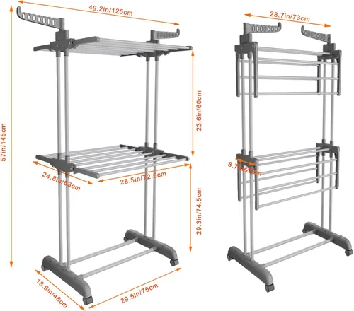 Miniatura 6 de Bigzzia Estante de secado de ropa de 3 niveles, estante de secado de lavandería de 57 pulgadas, estante plegable de acero inoxidable para niños, Gris