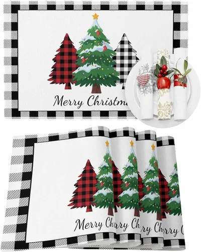Miniatura 11 de Juego de 4 manteles individuales de reno de Navidad para mesa de comedor, alce de Navidad con bufanda, a cuadros de búfalo rojo, verde, duradero