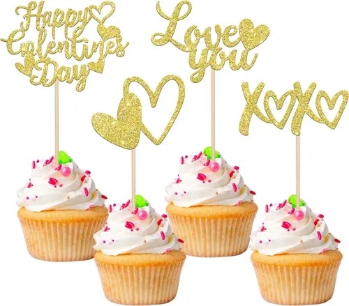 Miniatura 25 de Paquete de 24 adornos para cupcakes con purpurina en forma de corazón con temática de amor dulce, decoración de pasteles para el día de San