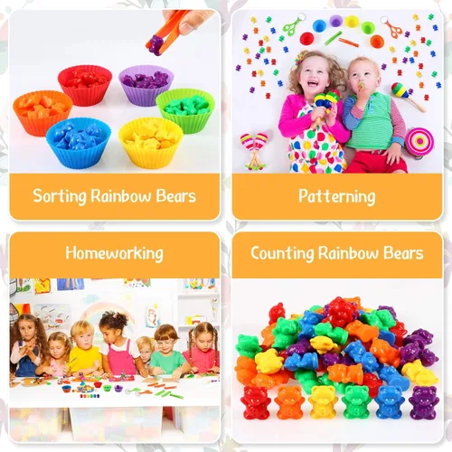 Miniatura 4 de 74 piezas de osos de clasificación de conteo, herramientas sensoriales para habilidades motoras finas, práctico juego de cucharas incluye 60 bonitos