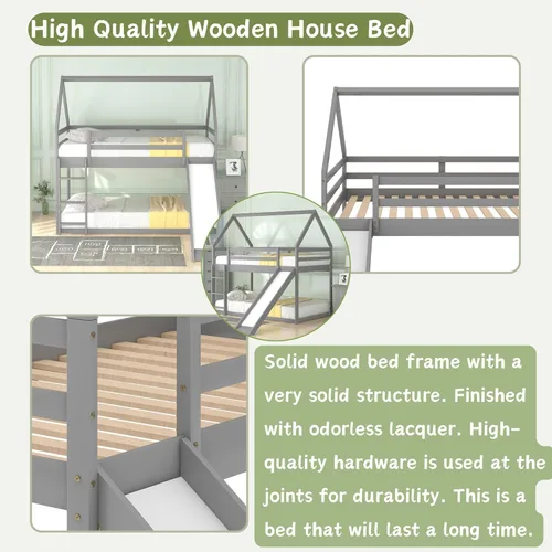 Miniatura 5 de Harper & Bright Designs - Litera de casa individual sobre cama individual con tobogán para niños y niñas, litera de piso de madera con techo y Gris