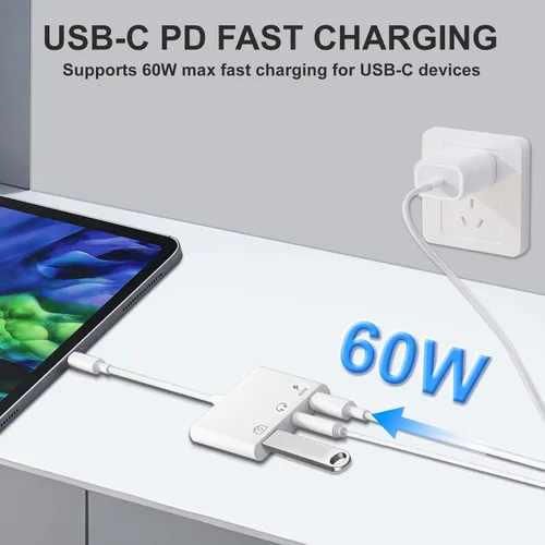 Miniatura 6 de Adaptador de Aux a USB C a USB, Adaptador OTG USB 3-en-1 con Adaptador de Audio USB C a 3.5mm y Puerto de Carga Rápida PD de 60W, Compatible