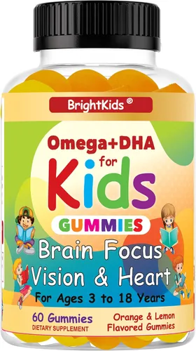 BrightKids Gomitas Omega + DHA para niños y adolescentes, suplementos de concentración y atención para niños, gomitas de enfoque para niños, gomitas