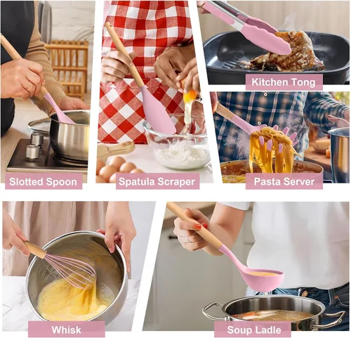 Miniatura 9 de LIANYU - Juego de utensilios de cocina de silicona, 15 piezas, resistentes al calor, con soporte, utensilios de cocina para utensilios de cocina Rosa