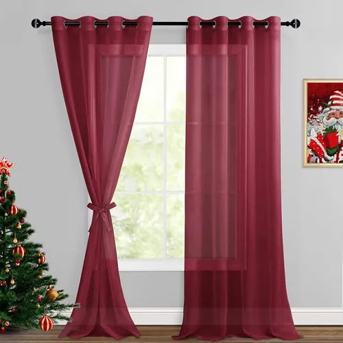 Miniatura 65 de Hiasan - Cortinas traslúcidas de gasa cortas semitransparentes con ojales y alzapaños filtrantes de luz para ventana, dormitorio, baño, 2 paneles