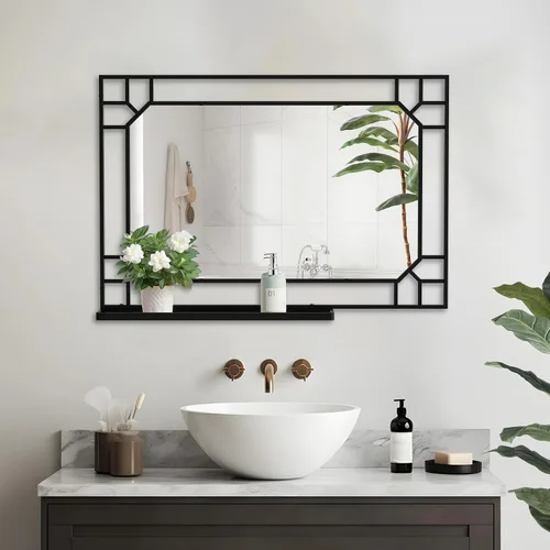Miniatura 13 de Espejo de baño con estante, espejo de pared rectangular negro, marco de metal, colgante horizontal o vertical (24 x 20 pulgadas)